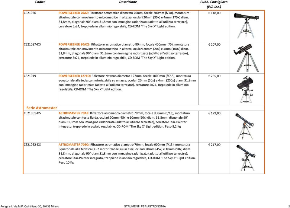 31,8mm, diagonale 90 diam.31,8mm con immagine raddrizzata (adatto all'utilizzo terrestre), cercatore 5x24, treppiede in alluminio regolabile, CD-ROM "The Sky X" Light edition.