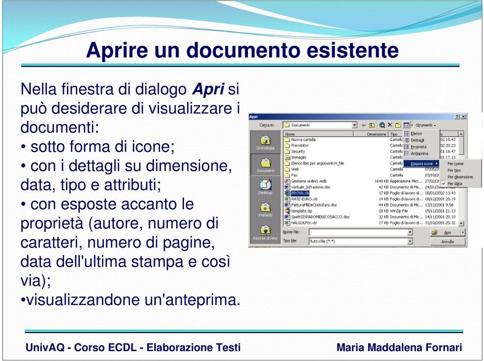 data, tipo e attributi; con esposte accanto le proprietà (autore, numero di