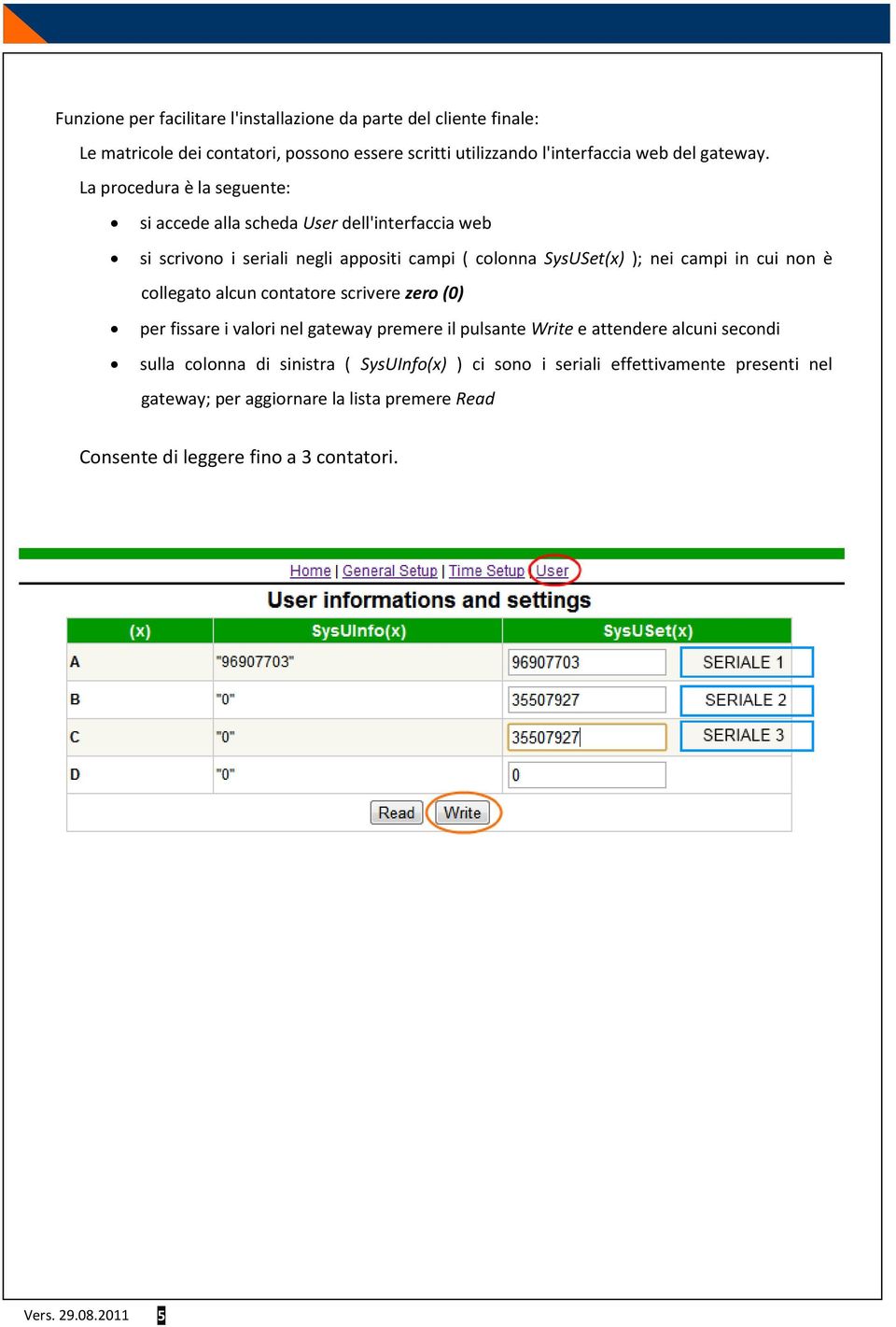 non è collegato alcun contatore scrivere zero (0) per fissare i valori nel gateway premere il pulsante Write e attendere alcuni secondi sulla colonna di sinistra