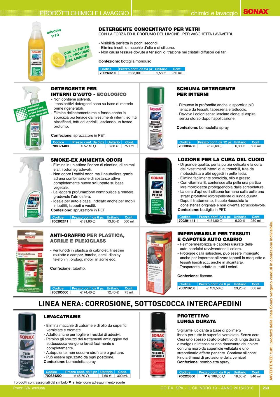 Confezione: bottiglia monouso Codice Prezzo conf. da 24 pz Unitario Cont. 700260200 e 38,00,58 e 250 ml. DETERGENTE PER INTERNI D AUTO - ECOLOGICO - Non contiene solventi.