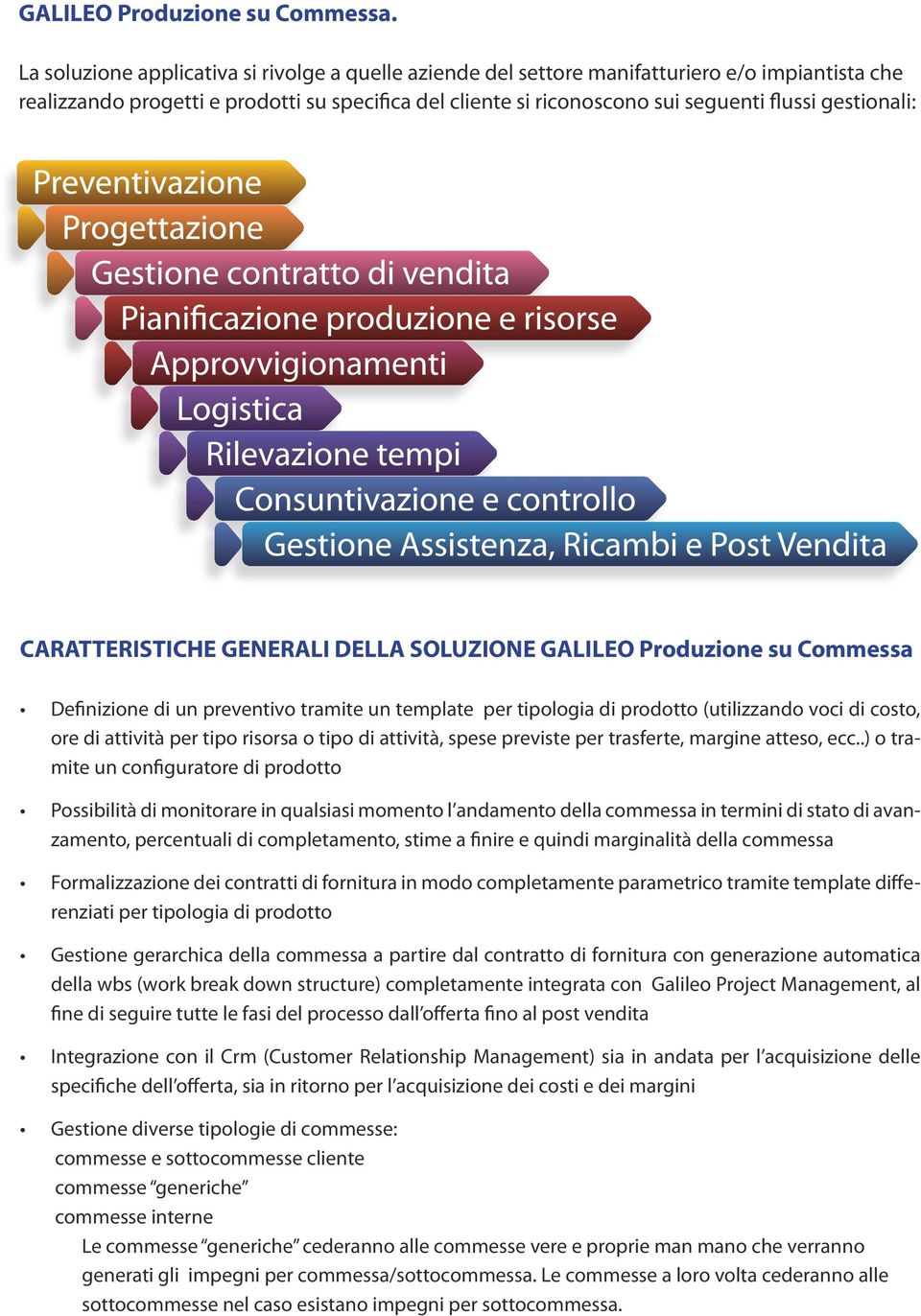 gestionali: CARATTERISTICHE GENERALI DELLA SOLUZIONE GALILEO Produzione su Commessa Definizione di un preventivo tramite un template per tipologia di prodotto (utilizzando voci di costo, ore di