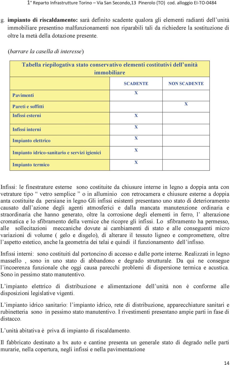 (barrare la casella di interesse) Tabella riepilogativa stato conservativo elementi costitutivi dell unità immobiliare SCADENTE NON SCADENTE Pavimenti Pareti e soffitti Infissi esterni Infissi