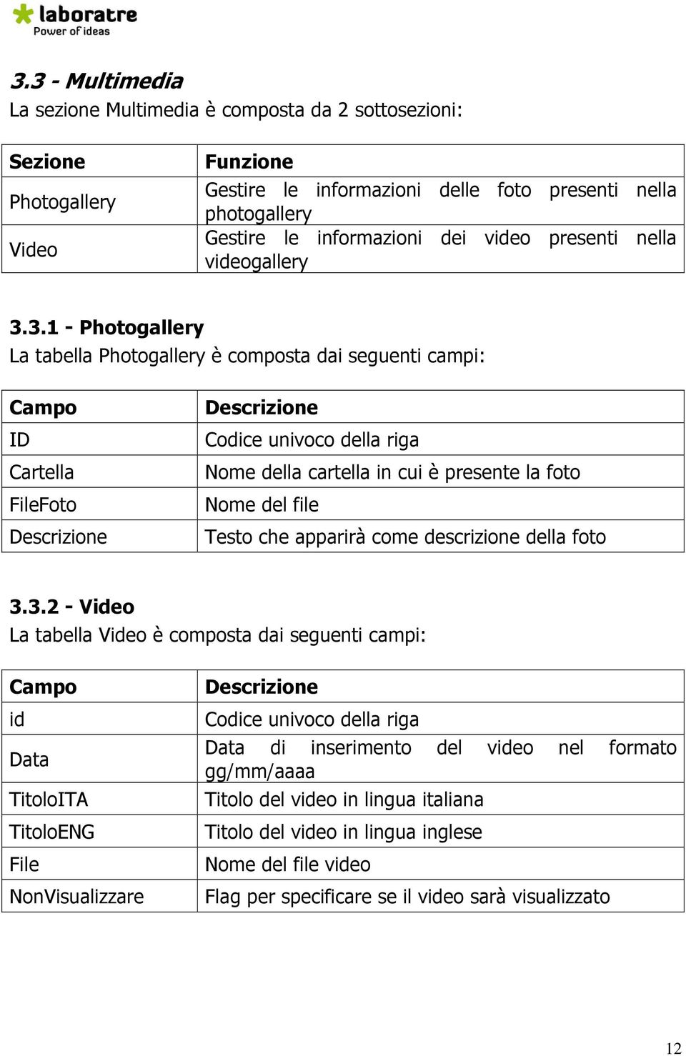 3.1 - Photogallery La tabella Photogallery è composta dai seguenti campi: Cartella FileFoto Nome della cartella in cui è presente la foto Nome del file Testo che apparirà come