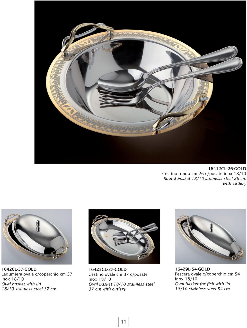 16425CL-37-GOLD Cestino ovale cm 37 c/posate inox 18/10 Oval basket 18/10 stainless steel 37 cm with cutlery