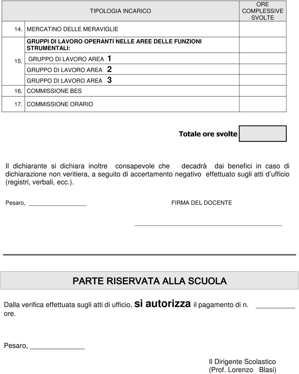 COMMISSIONE ORARIO Totale ore svolte Il dichiarante si dichiara inoltre consapevole che decadrà dai benefici in caso di dichiarazione non veritiera, a seguito di