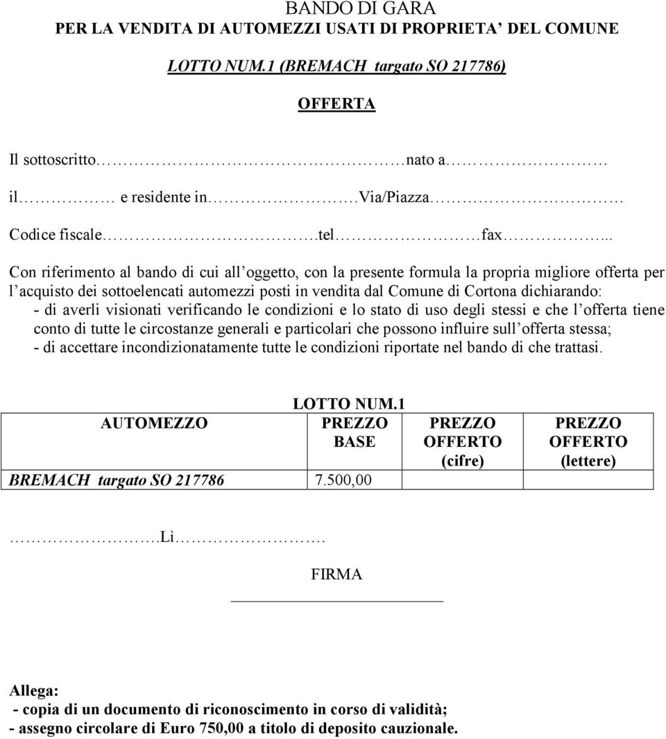 averli visionati verificando le condizioni e lo stato di uso degli stessi e che l offerta tiene conto di tutte le circostanze generali e particolari che possono influire sull offerta stessa; - di