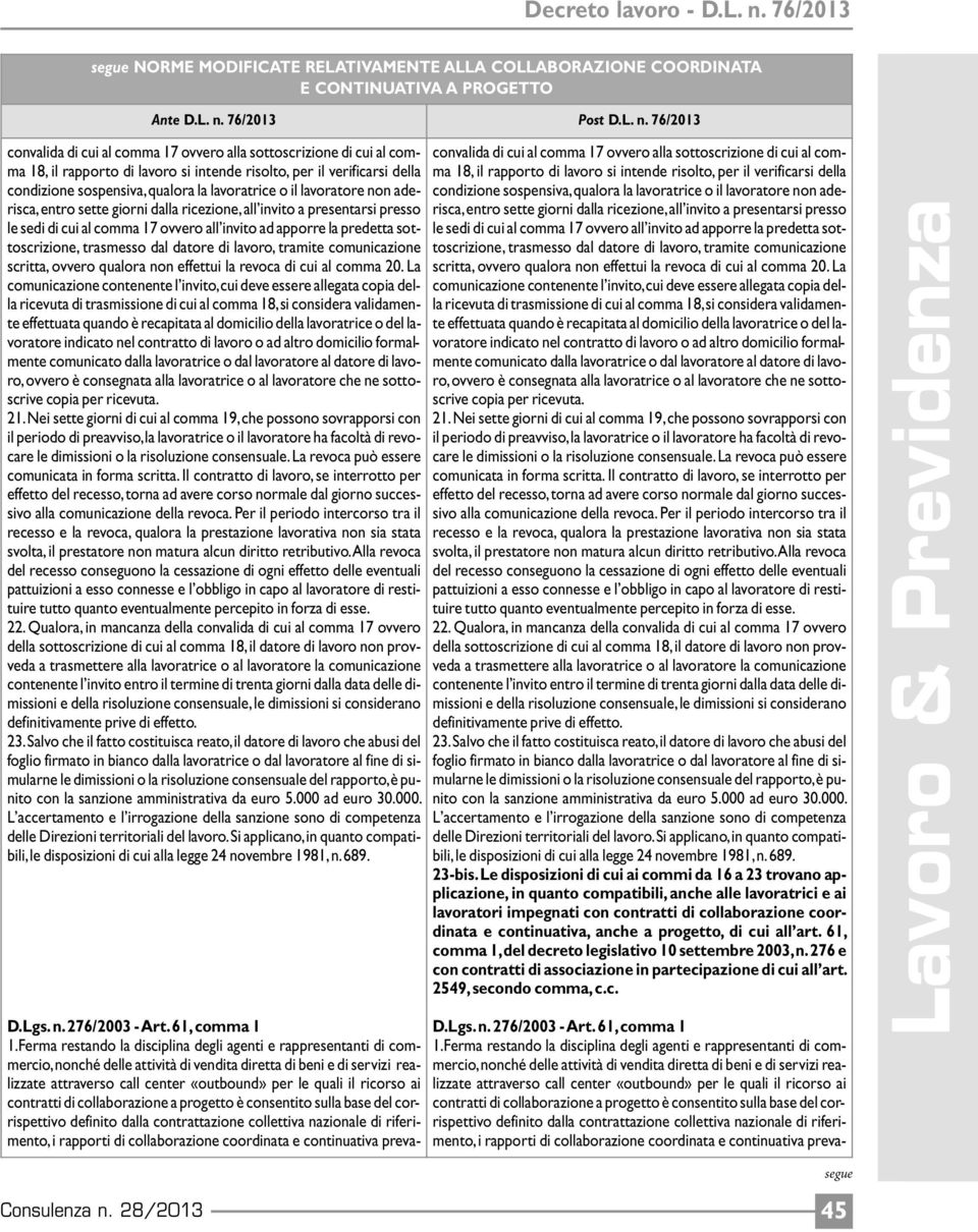 76/2013 convalida di cui al comma 17 ovvero alla sottoscrizione di cui al comma 18, il rapporto di lavoro si intende risolto, per il verificarsi della condizione sospensiva, qualora la lavoratrice o