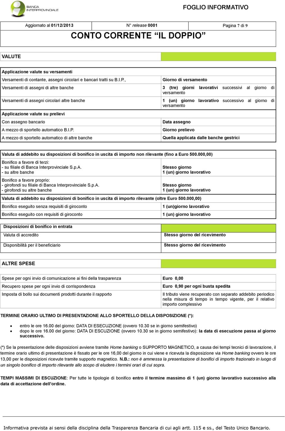 , Giorno di versamento Versamenti di assegni di altre banche 3 (tre) giorni lavorativi successivi al giorno di versamento Versamenti di assegni circolari altre banche Applicazione valute su prelievi