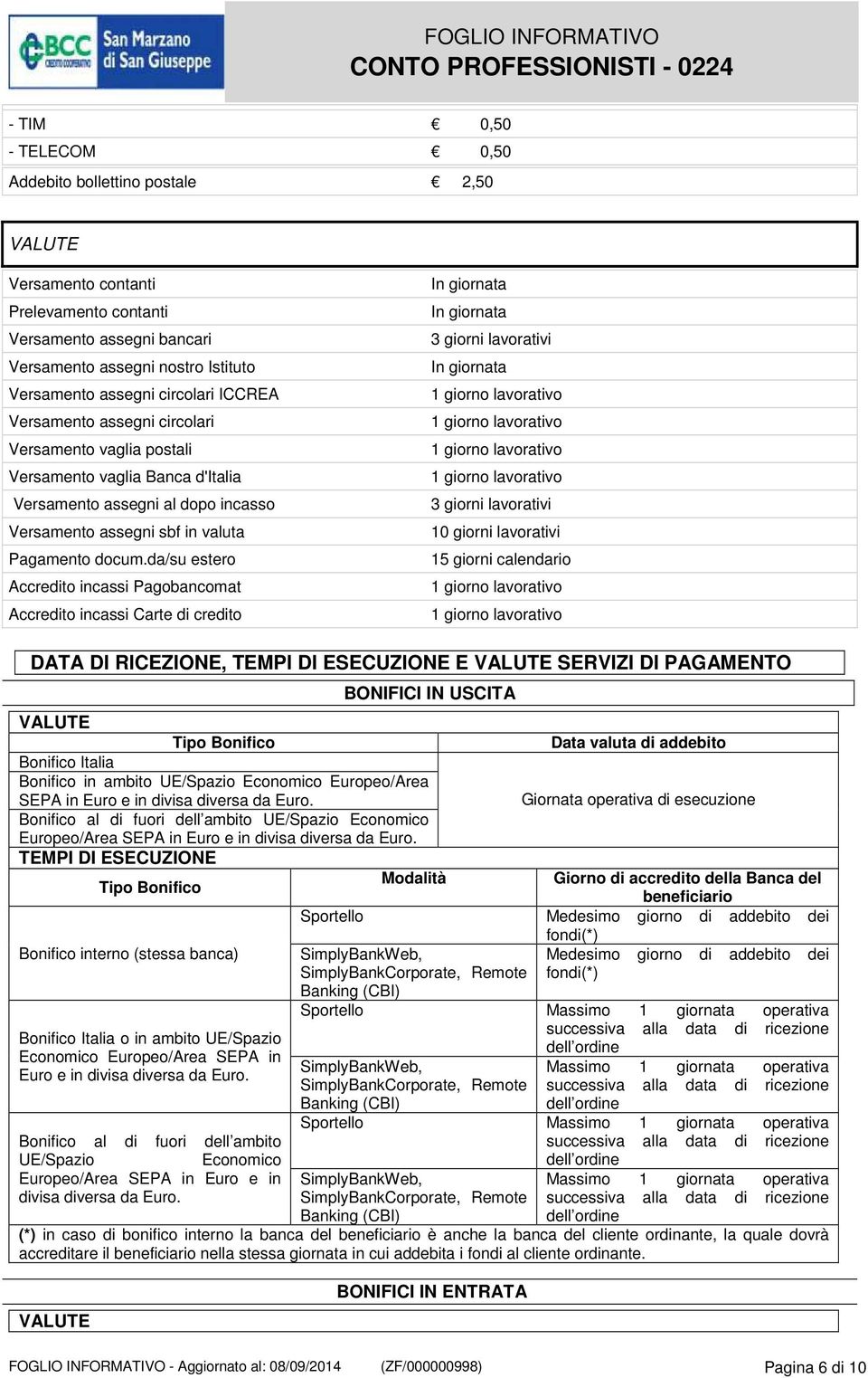 da/su estero Accredito incassi Pagobancomat Accredito incassi Carte di credito 3 giorni lavorativi 3 giorni lavorativi 10 giorni lavorativi 15 giorni calendario DATA DI RICEZIONE, TEMPI DI ESECUZIONE