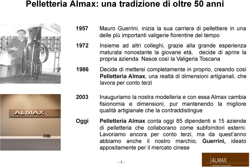 Nasce così la Valigeria Toscana Decide di mettersi completamente in proprio, creando così Pelletteria Almax, una realtà di dimensioni artigianali, che lavora per conto terzi Inauguriamo la nostra