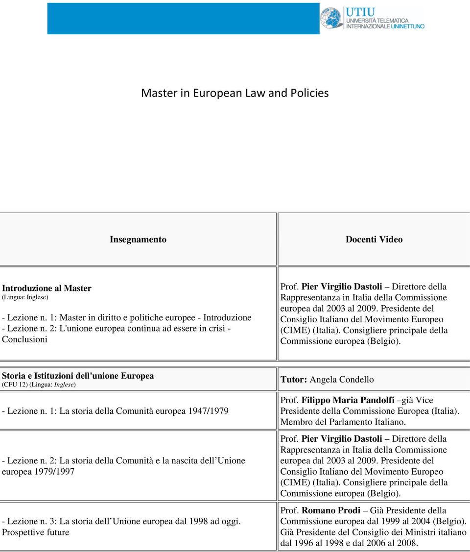 1: La storia della Comunità europea 1947/1979 - Lezione n. 2: La storia della Comunità e la nascita dell Unione europea 1979/1997 - Lezione n. 3: La storia dell Unione europea dal 1998 ad oggi.