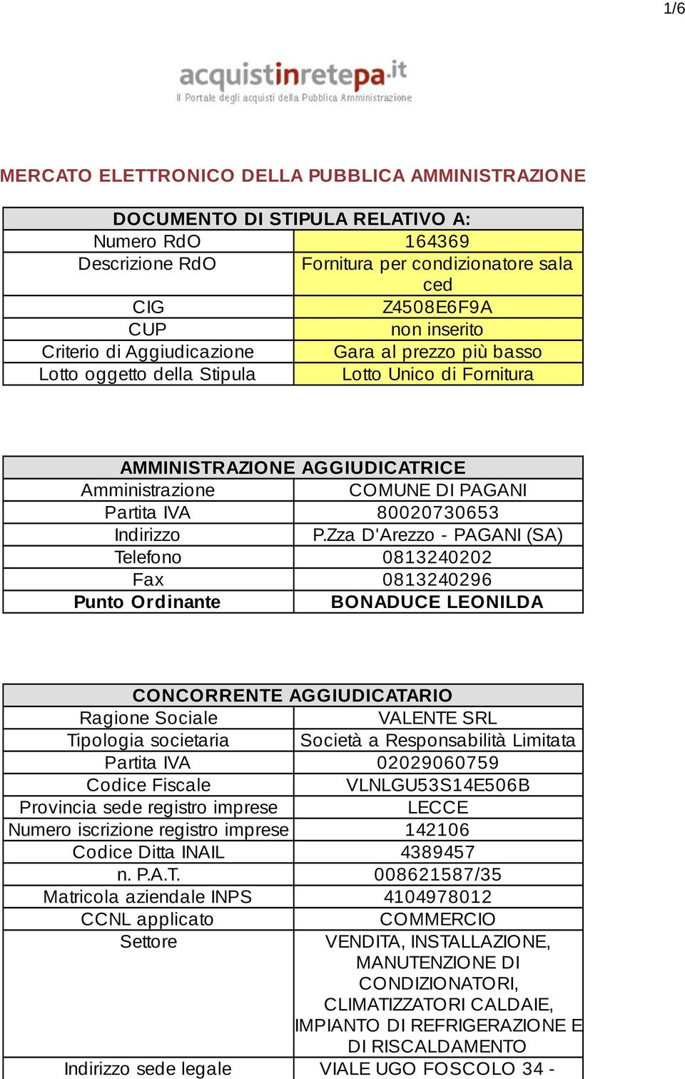 Zza D'Arezzo - PAGANI (SA) Telefono 0813240202 Fax 0813240296 Punto Ordinante BONADUCE LEONILDA CONCORRENTE AGGIUDICATARIO Ragione Sociale VALENTE SRL Tipologia societaria Società a Responsabilità