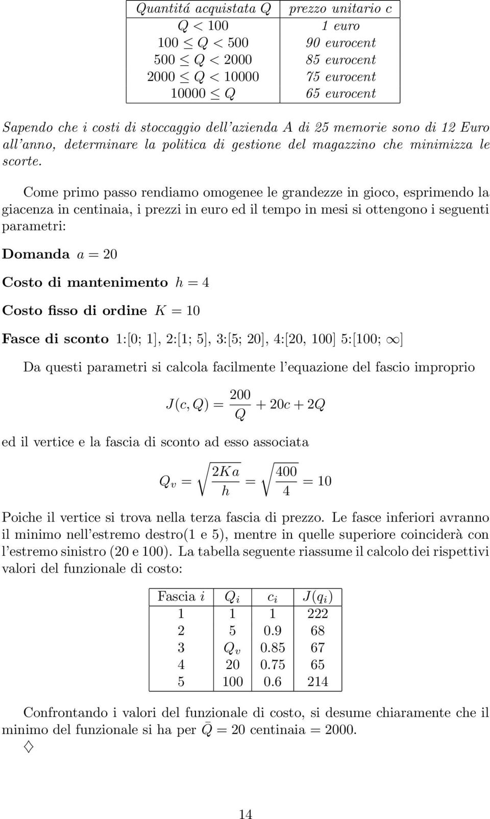 Come primo passo rendiamo omogenee le grandezze in gioco, esprimendo la giacenza in centinaia, i prezzi in euro ed il tempo in mesi si ottengono i seguenti parametri: Domanda a = 2 Costo di