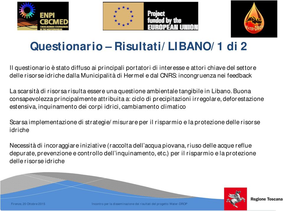 Buona consapevolezza principalmente attribuita a: ciclo di precipitazioni irregolare, deforestazione estensiva, inquinamento dei corpi idrici, cambiamento climatico Scarsa implementazione di