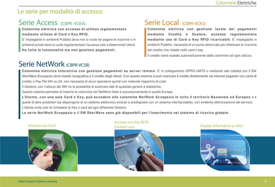 Serie Local (CBPR-VCKS) Colonnine Elettriche Colonnina elettrica con gestione locale dei pagamenti mediante Credito a Scalare, accesso regolamentato mediante uso di Card o Key RFiD ricaricabili.