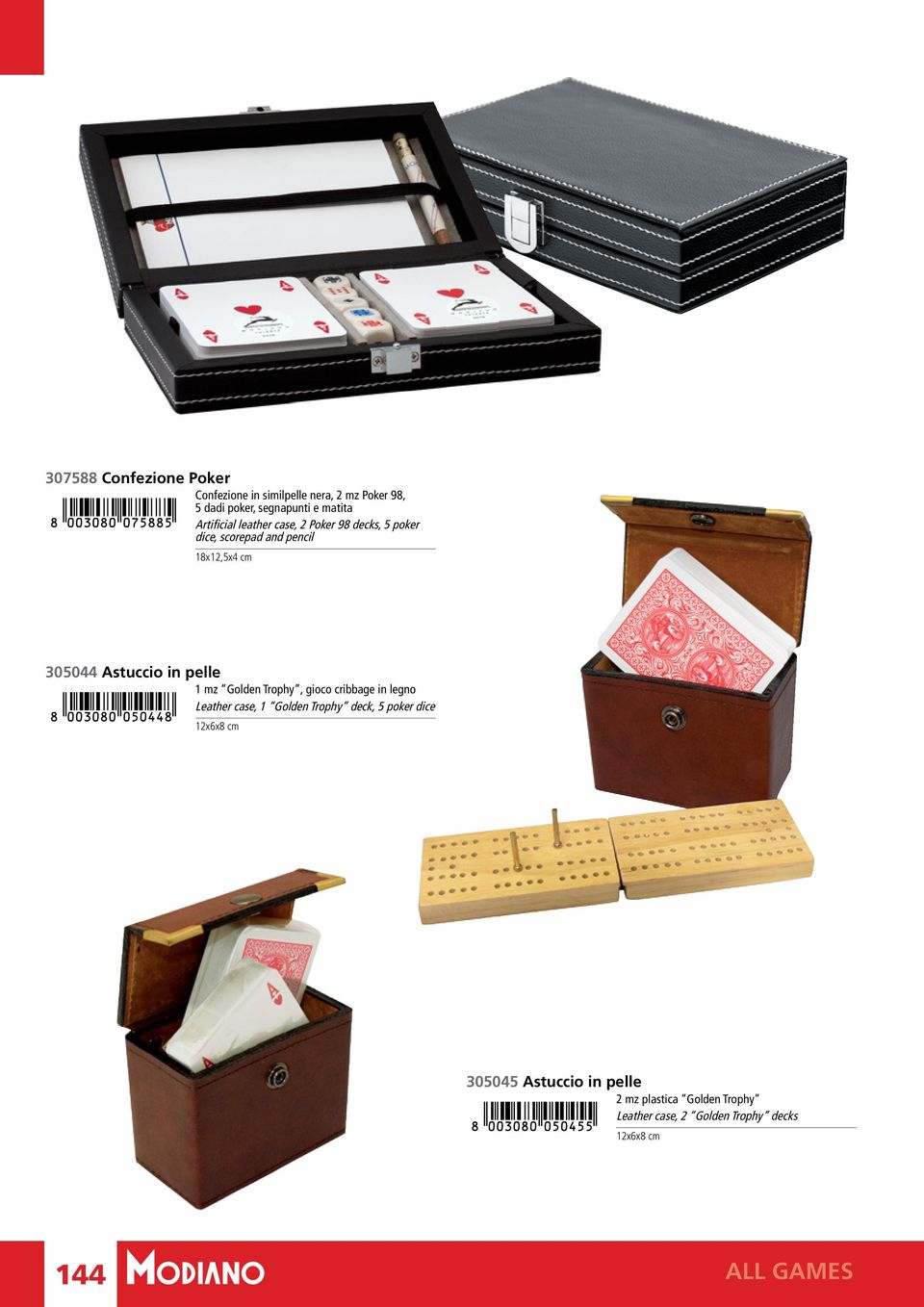 pelle 1 mz Golden Trophy, gioco cribbage in legno Leather case, 1 Golden Trophy deck, 5 poker dice 12x6x8 cm