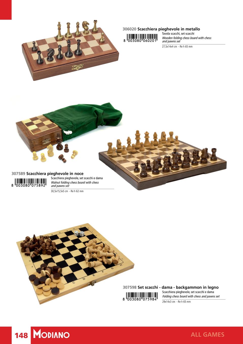 chess board with chess and pawns set 30,5x15,5x5 cm - Re h 62 mm 307598 Set scacchi - dama - backgammon in legno