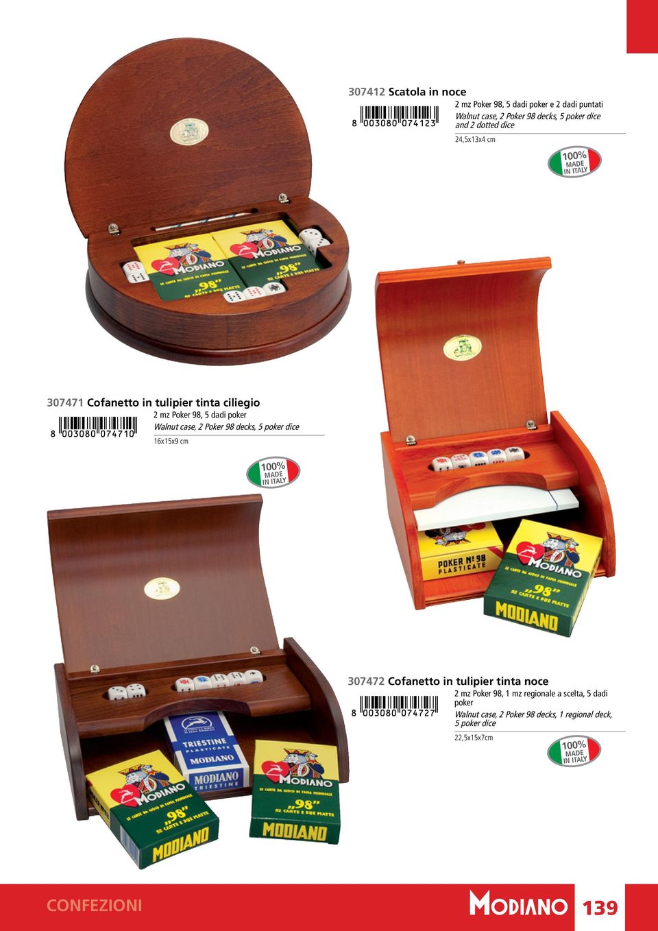 decks, 5 poker dice 16x15x9 cm 100% MADE IN ITALY foto da sostituire 307472 Cofanetto in tulipier tinta noce 2 mz Poker 98, 1 mz