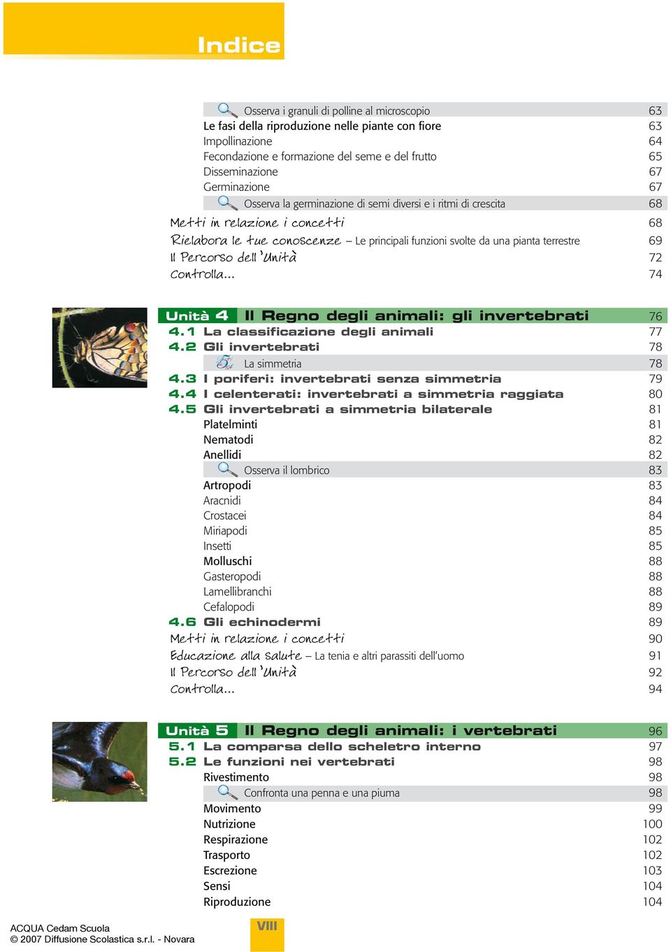 Il Percorso dell Unità 72 Controlla... 74 Unità 4 Il Regno degli animali: gli invertebrati 76 4.1 La classificazione degli animali 77 4.2 Gli invertebrati 78 La simmetria 78 4.