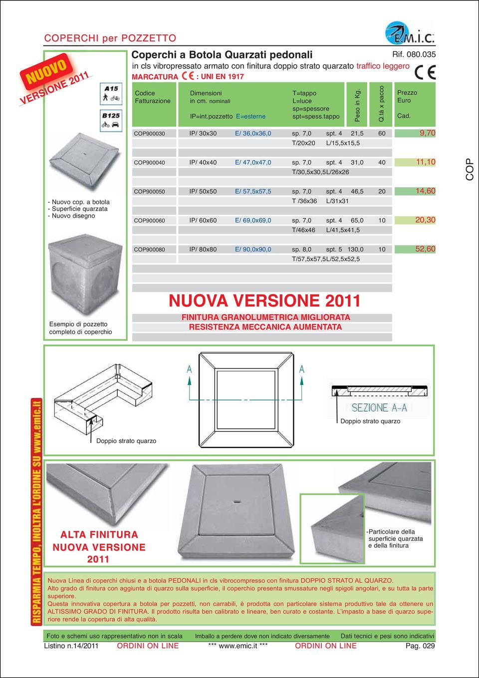 a botola - Superficie quarzata - Nuovo disegno COP900050 IP/ 50x50 E/ 57,5x57,5 sp. 7,0 spt. 4 46,5 20 T /36x36 L/31x31 COP900060 IP/ 60x60 E/ 69,0x69,0 sp. 7,0 spt. 4 65,0 10 T/46x46 L/41,5x41,5 COP900080 IP/ 80x80 E/ 90,0x90,0 sp.