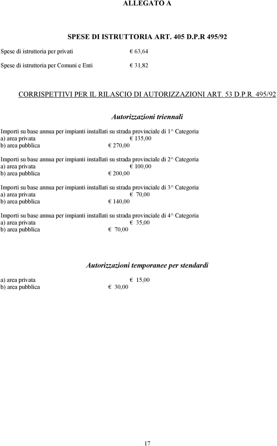 triennali Importi su base annua per impianti installati su strada provinciale di 1^ Categoria a) area privata 135,00 b) area pubblica 270,00 Importi su base annua per impianti installati su strada