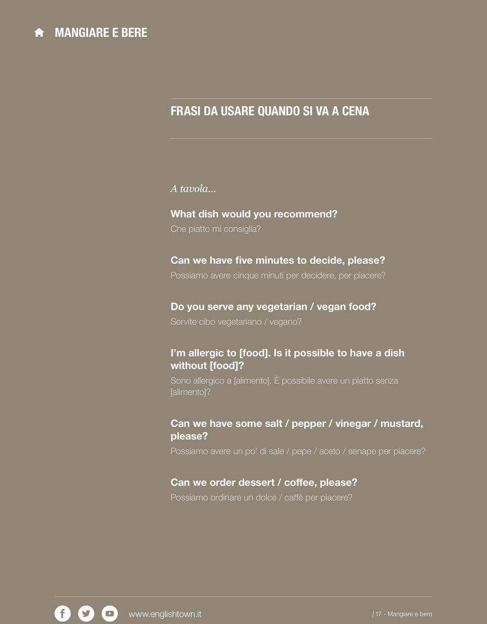 Is it possible to have a dish without [food]? Sono allergico a [alimento]. È possibile avere un piatto senza [alimento]?