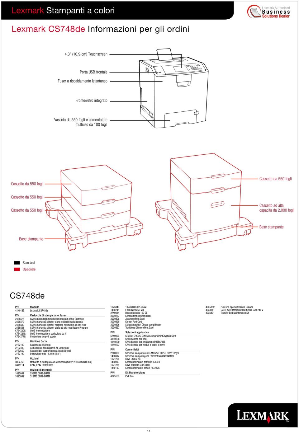 000 fogli Base stampante Base stampante Standard Opzionale CS748de 41H0165 Modello Lexmark CS748de Cartuccia di stampa toner laser 24B5578 CS748 Black High Yield Return Program Toner Cartridge