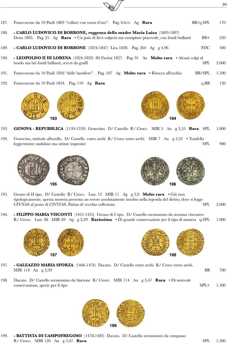 000 191. Francescone da 10 Paoli 1826 delle bandiere. Pag. 107 Ag Molto rara Ritocco all'occhio BB/SPL 1.500 192. Francescone da 10 Paoli 1834. Pag. 110 Ag Rara q.bb 150 193 194 193.