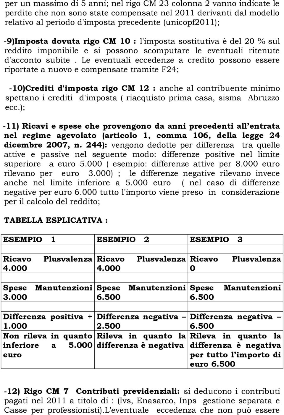 Le eventuali eccedenze a credito possono essere riportate a nuovo e compensate tramite F24; -10)Crediti d'imposta rigo CM 12 : anche al contribuente minimo spettano i crediti d'imposta ( riacquisto