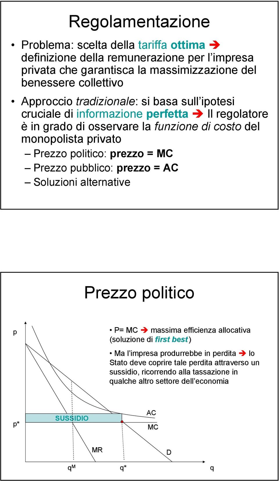 politico: prezzo = MC Prezzo pubblico: prezzo = AC Soluzioni alternative Prezzo politico p P= = MC massima efficienza allocativa (soluzione di first best ) Ma l impresa