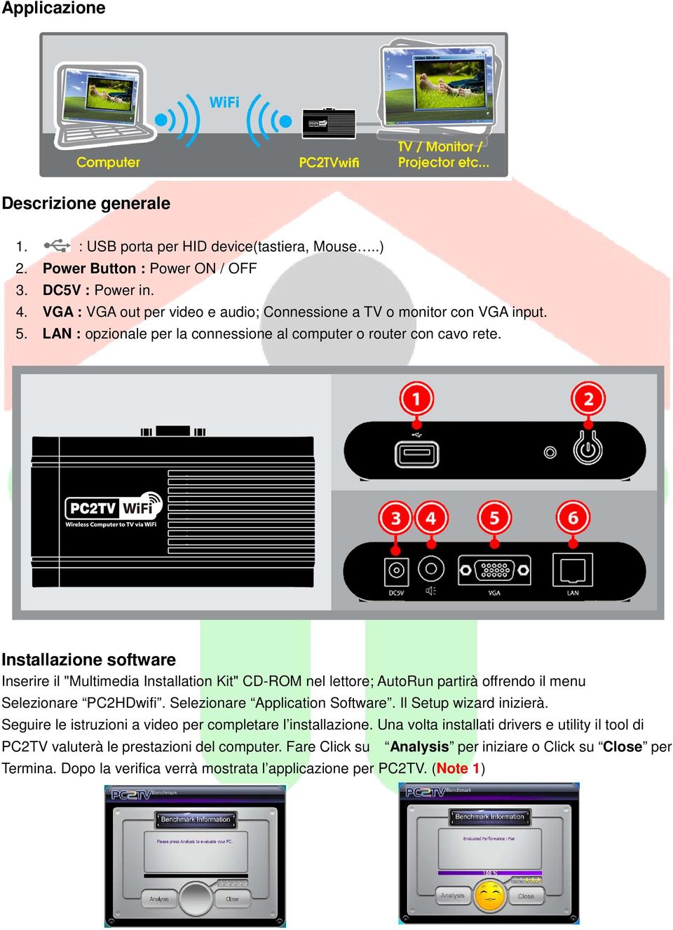 Installazione software Inserire il "Multimedia Installation Kit" CD-ROM nel lettore; AutoRun partirà offrendo il menu Selezionare PC2HDwifi. Selezionare Application Software.