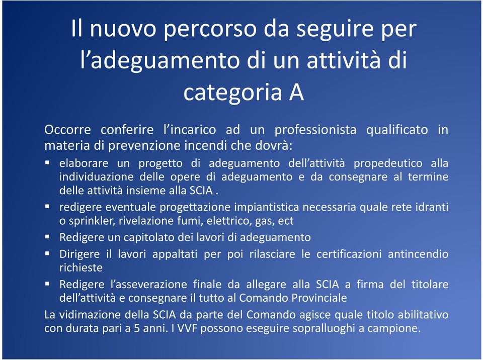 redigere eventuale progettazione impiantistica necessaria quale rete idranti o sprinkler, rivelazione fumi, elettrico, gas, ect Redigere un capitolato dei lavori di adeguamento Dirigere il lavori