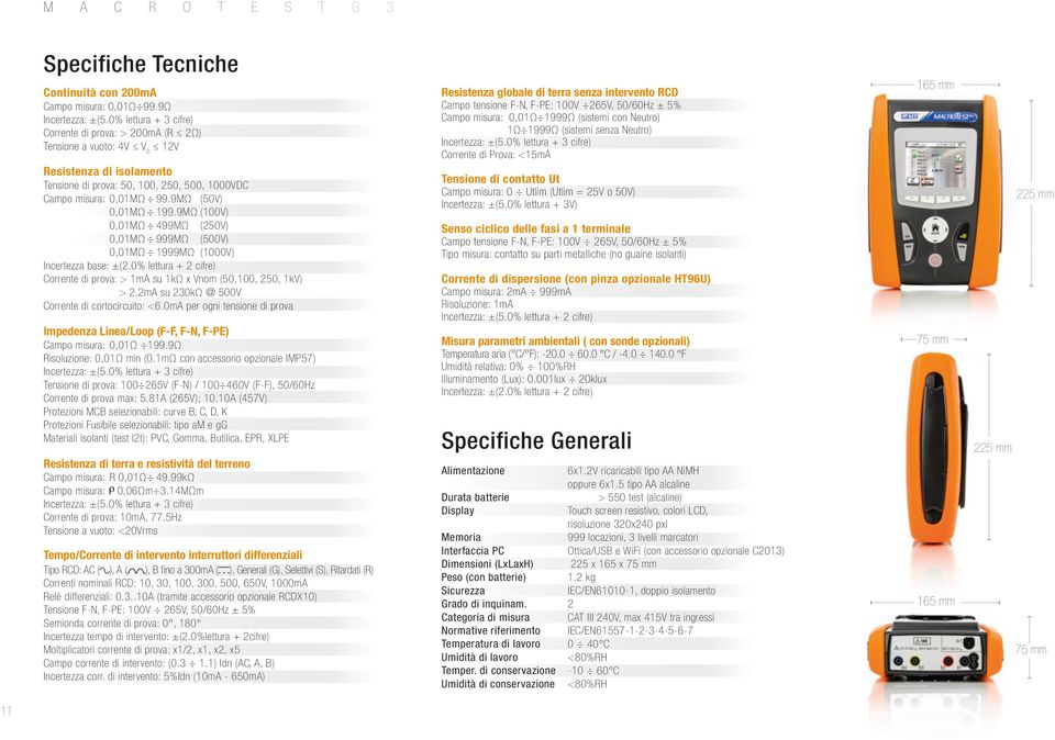 9MΩ (50V) 0,01MΩ 199.9MΩ (100V) 0,01MΩ 499MΩ (250V) 0,01MΩ 999MΩ (500V) 0,01MΩ 1999MΩ (1000V) Incertezza base: ±(2.