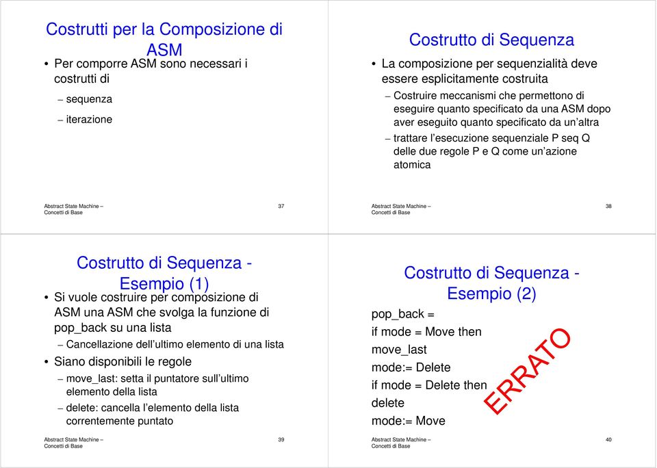 un azione atomica 37 38 Costrutto di Sequenza - Esempio (1) Si vuole costruire per composizione di ASM una ASM che svolga la funzione di pop_back su una lista Cancellazione dell ultimo elemento di