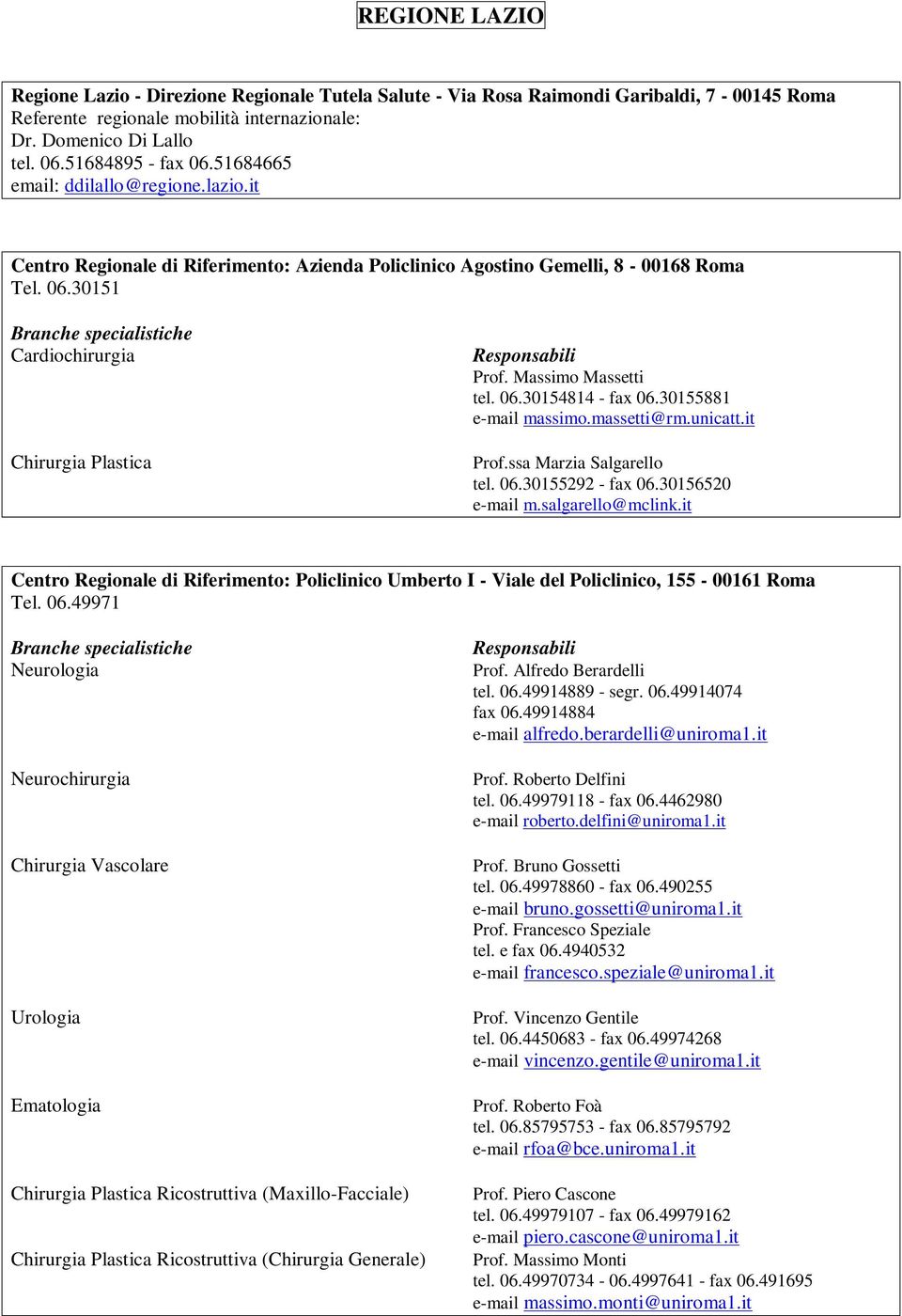 Massimo Massetti tel. 06.30154814 - fax 06.30155881 e-mail massimo.massetti@rm.unicatt.it Prof.ssa Marzia Salgarello tel. 06.30155292 - fax 06.30156520 e-mail m.salgarello@mclink.