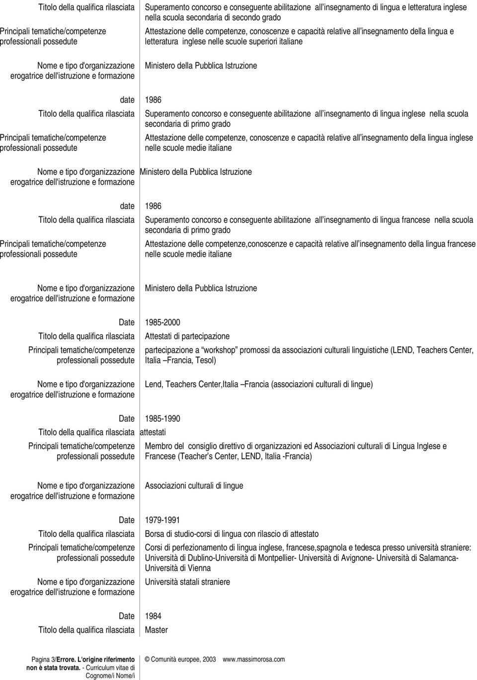 secondaria di primo grado Attestazione delle competenze, conoscenze e capacità relative all insegnamento della lingua inglese nelle scuole medie italiane date 1986 Superamento concorso e conseguente