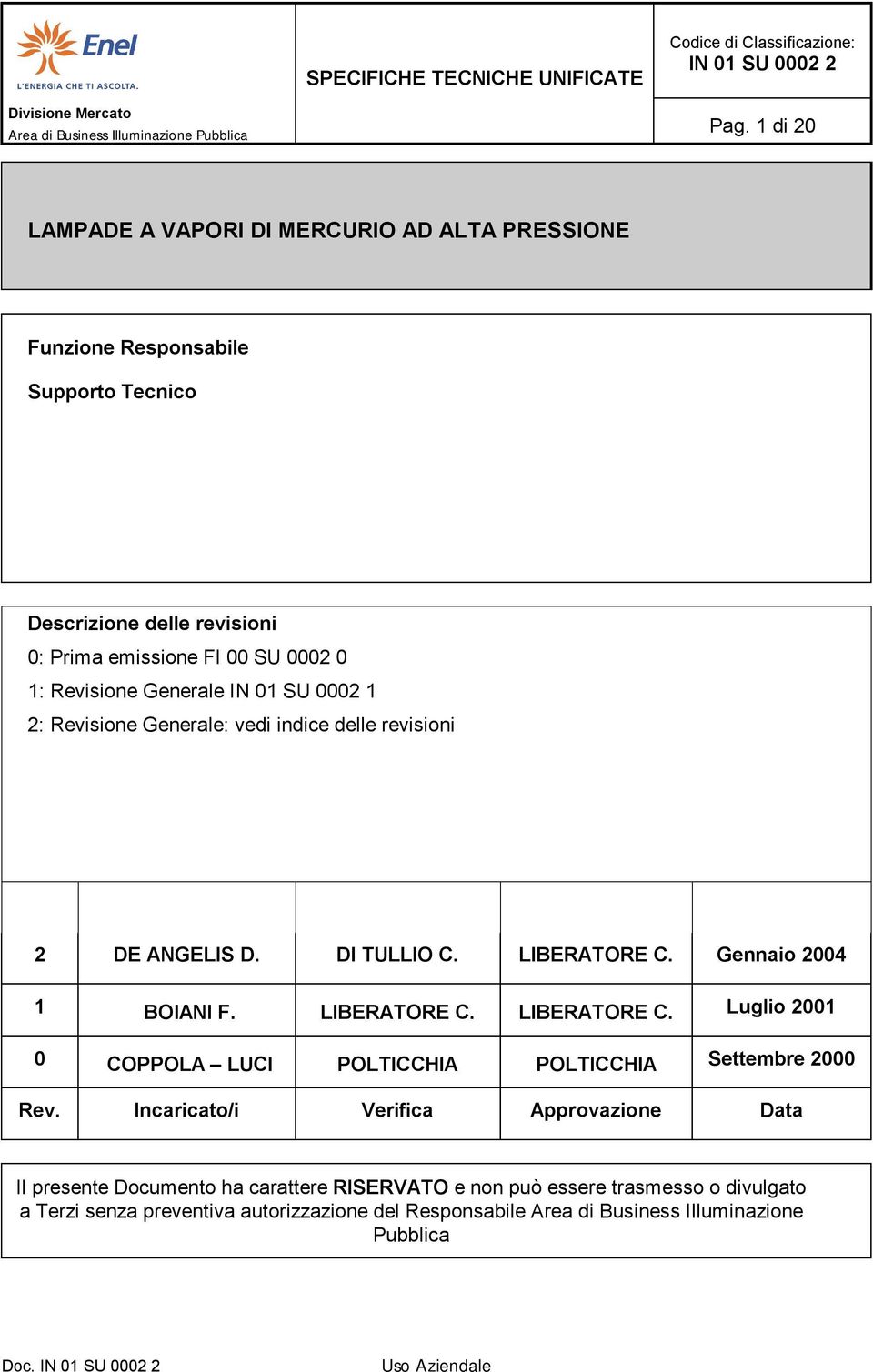 Gennaio 2004 1 BOIANI F. LIBERATORE C. LIBERATORE C. Luglio 2001 0 COPPOLA LUCI POLTICCHIA POLTICCHIA Settembre 2000 Rev.