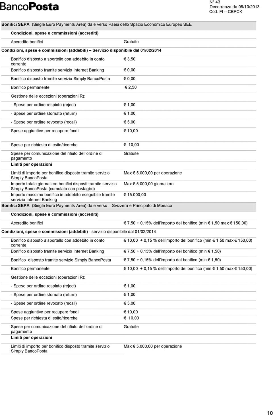 servizio Simply BancoPosta 0,00 Bonifico permanente 2,50 Gestione delle eccezioni (operazioni R): - Spese per ordine respinto (reject) 1,00 - Spese per ordine stornato (return) 1,00 - Spese per