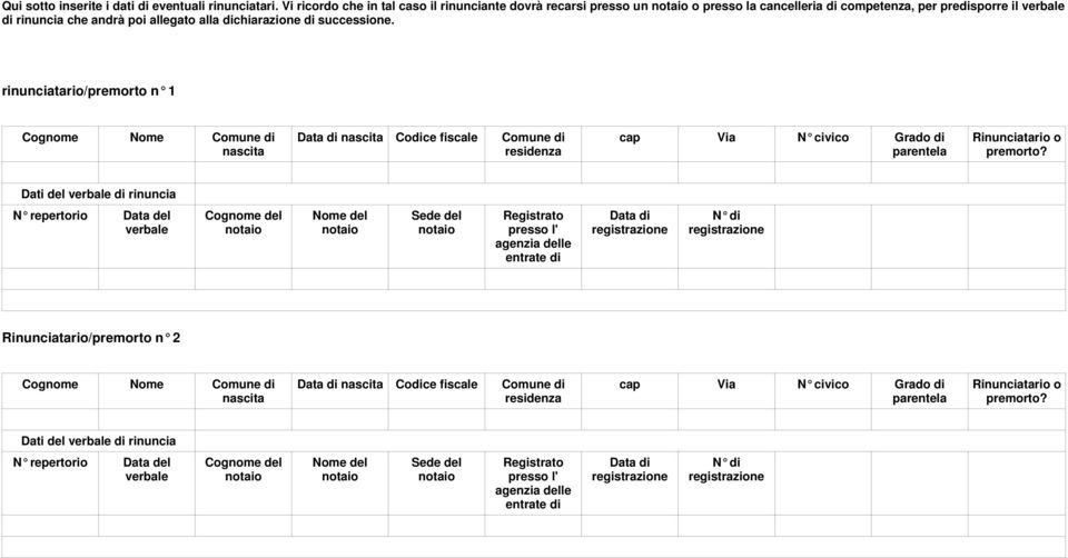 successione. rinunciatario/premorto n 1 Cognome Nome Comune di Codice fiscale Comune di cap Via N civico Grado di parentela Rinunciatario o premorto?