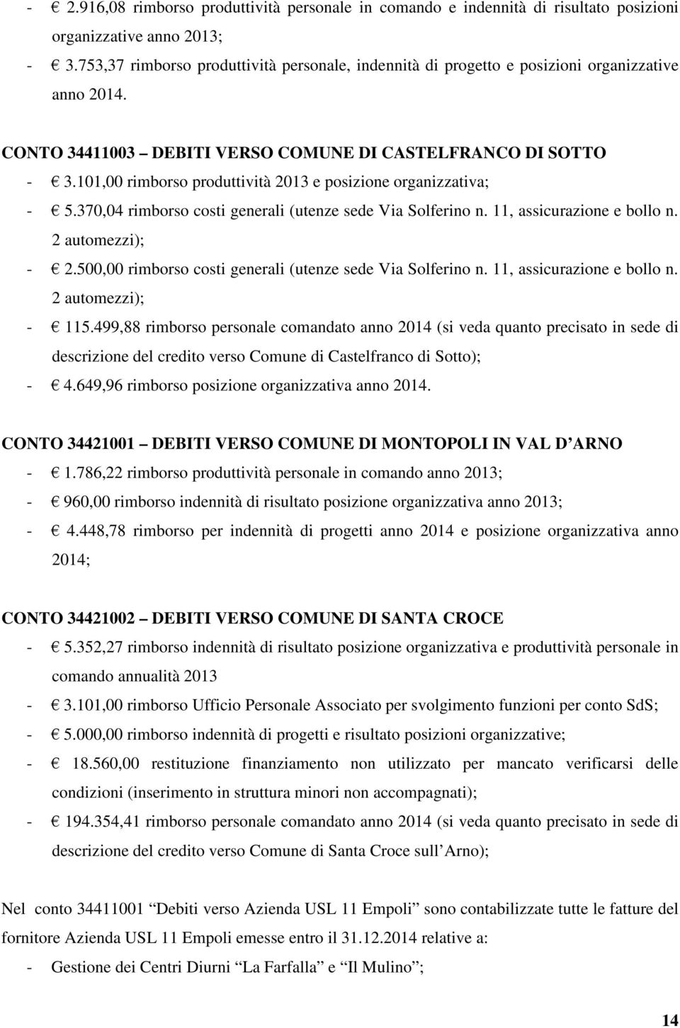 101,00 rimborso produttività 2013 e posizione organizzativa; - 5.370,04 rimborso costi generali (utenze sede Via Solferino n. 11, assicurazione e bollo n. 2 automezzi); - 2.