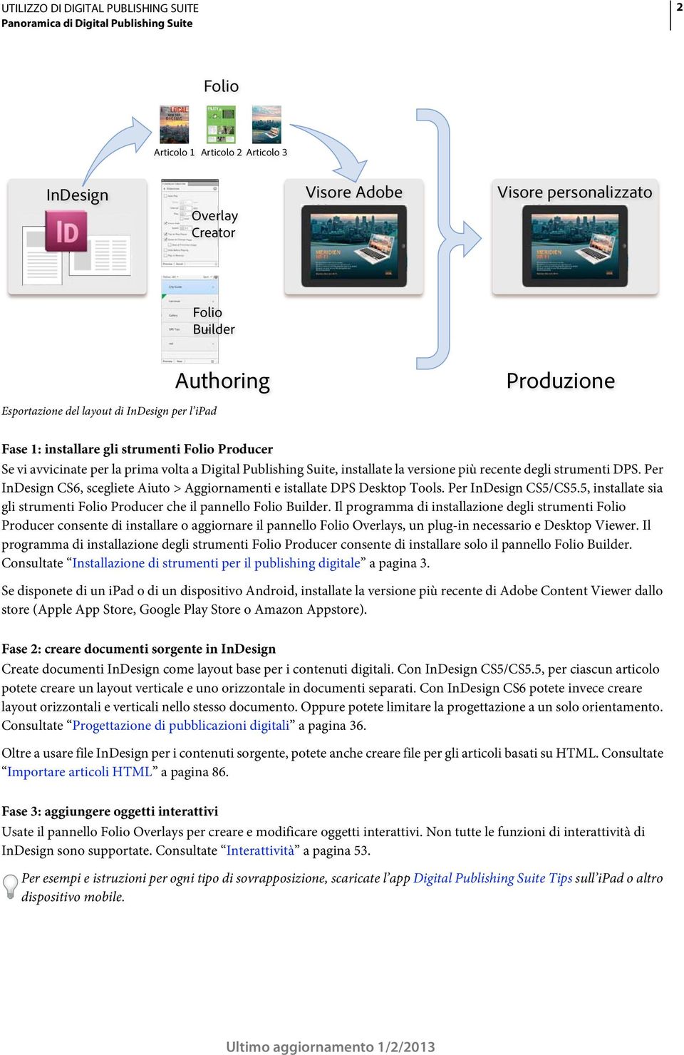 Per InDesign CS6, scegliete Aiuto > Aggiornamenti e istallate DPS Desktop Tools. Per InDesign CS5/CS5.5, installate sia gli strumenti Folio Producer che il pannello Folio Builder.