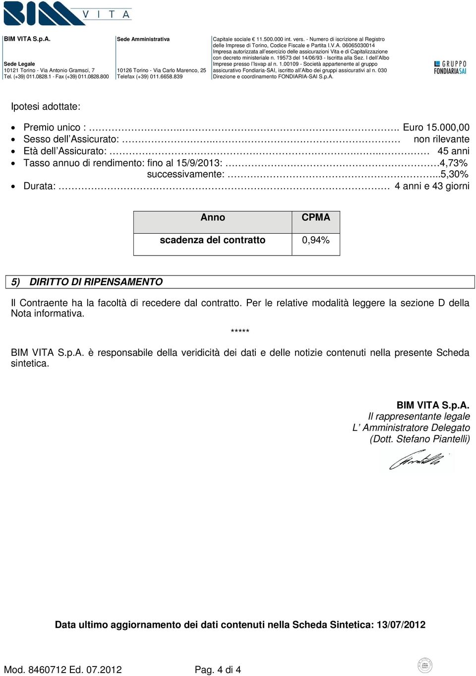 ..5,30% Durata: 4 anni e 43 giorni Anno CPMA scadenza del contratto 0,94% 5) DIRITTO DI RIPENSAMENTO Il Contraente ha la facoltà di recedere dal contratto.