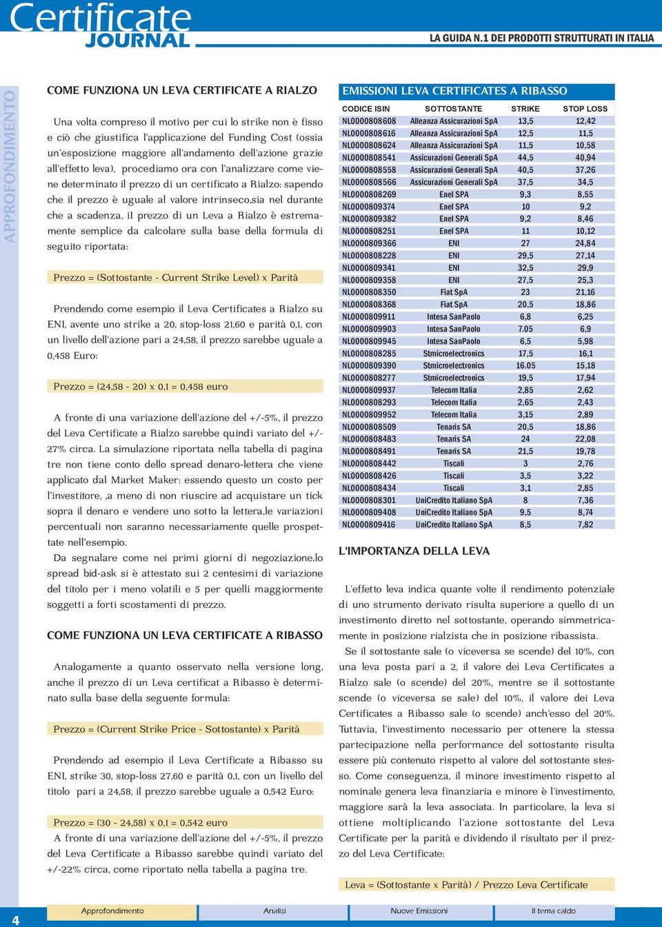 intrinseco,sia nel durante che a scadenza, ii prezzo di un Leva a Rialzo è estremamente semplice da calcolare sulla base della formula di seguito riportata: Prezzo = (Sottostante - Current Strike