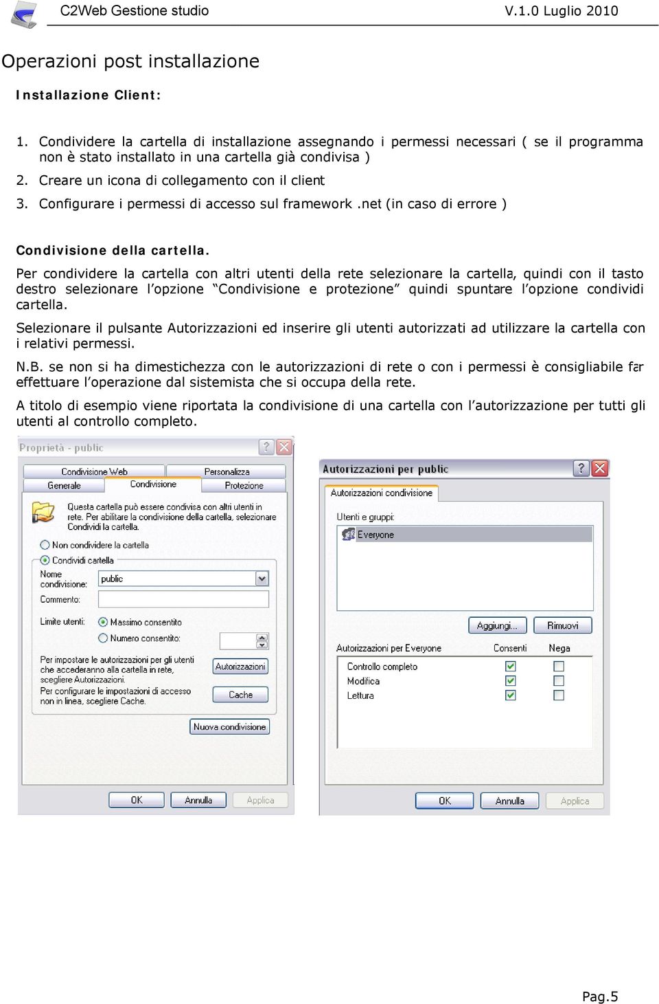 Configurare i permessi di accesso sul framework.net (in caso di errore ) Condivisione della cartella.