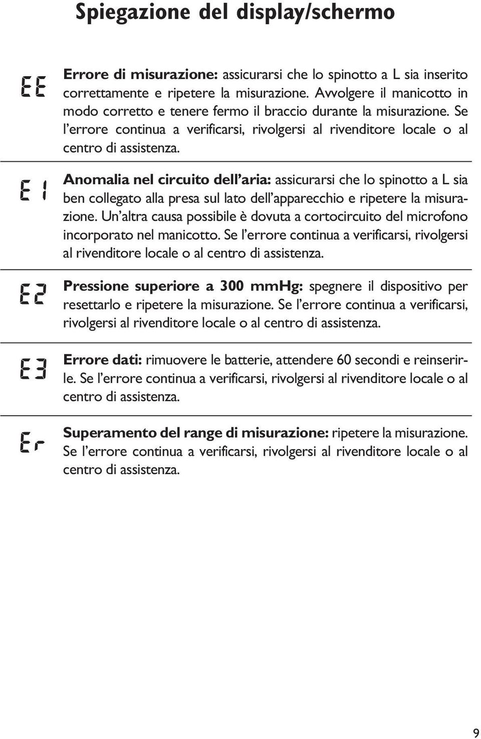 Anomalia nel circuito dell aria: assicurarsi che lo spinotto a L sia ben collegato alla presa sul lato dell apparecchio e ripetere la misurazione.