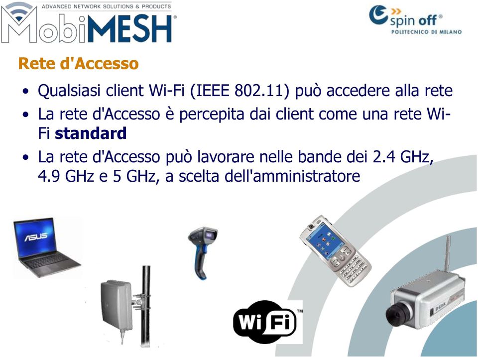 client come una rete Wi- Fi standard La rete d'accesso può