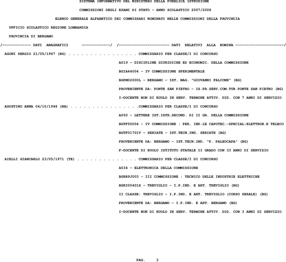 TERMINE ATTIV. DID. CON 7 ANNI DI SERVIZIO AGOSTINO ANNA 04/10/1948 (NA)................COMMISSARIO PER CLASSE/I DI CONCORSO BGTF50004 - IV COMMISSIONE : PER. IND.LE CAPOTEC.-SPECIAL:ELETTRON.