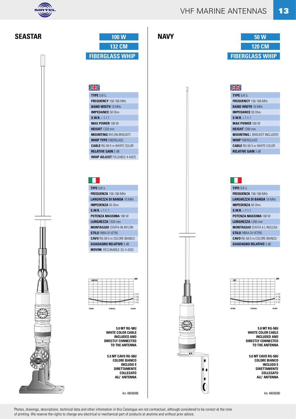 1 MAX POWER 100 W HEIGHT 1200 mm MOUNTING L BRACKET INCLUDED WHIP FIBERGLASS CABLE RG-58 5 m WHITE COLOR TIPO 5/8 λ FREQUENZA 156-166 MHz LARGHEZZA DI BANDA 10 MHz S.W.R. < 1:1.