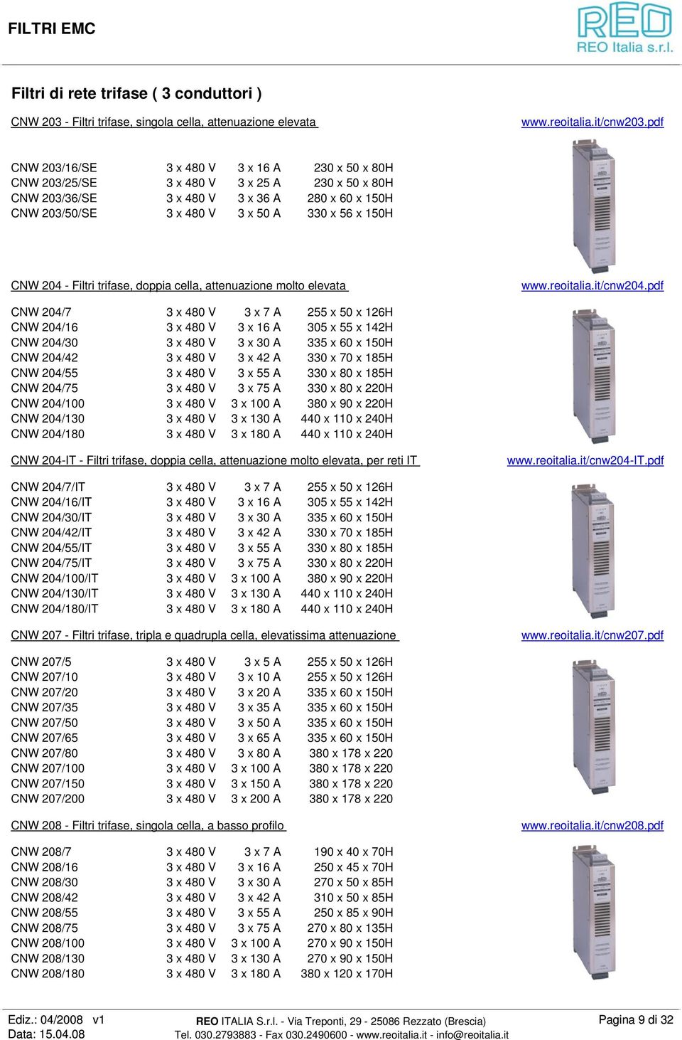 CNW 204 - Filtri trifase, doppia cella, attenuazione molto elevata www.reoitalia.it/cnw204.
