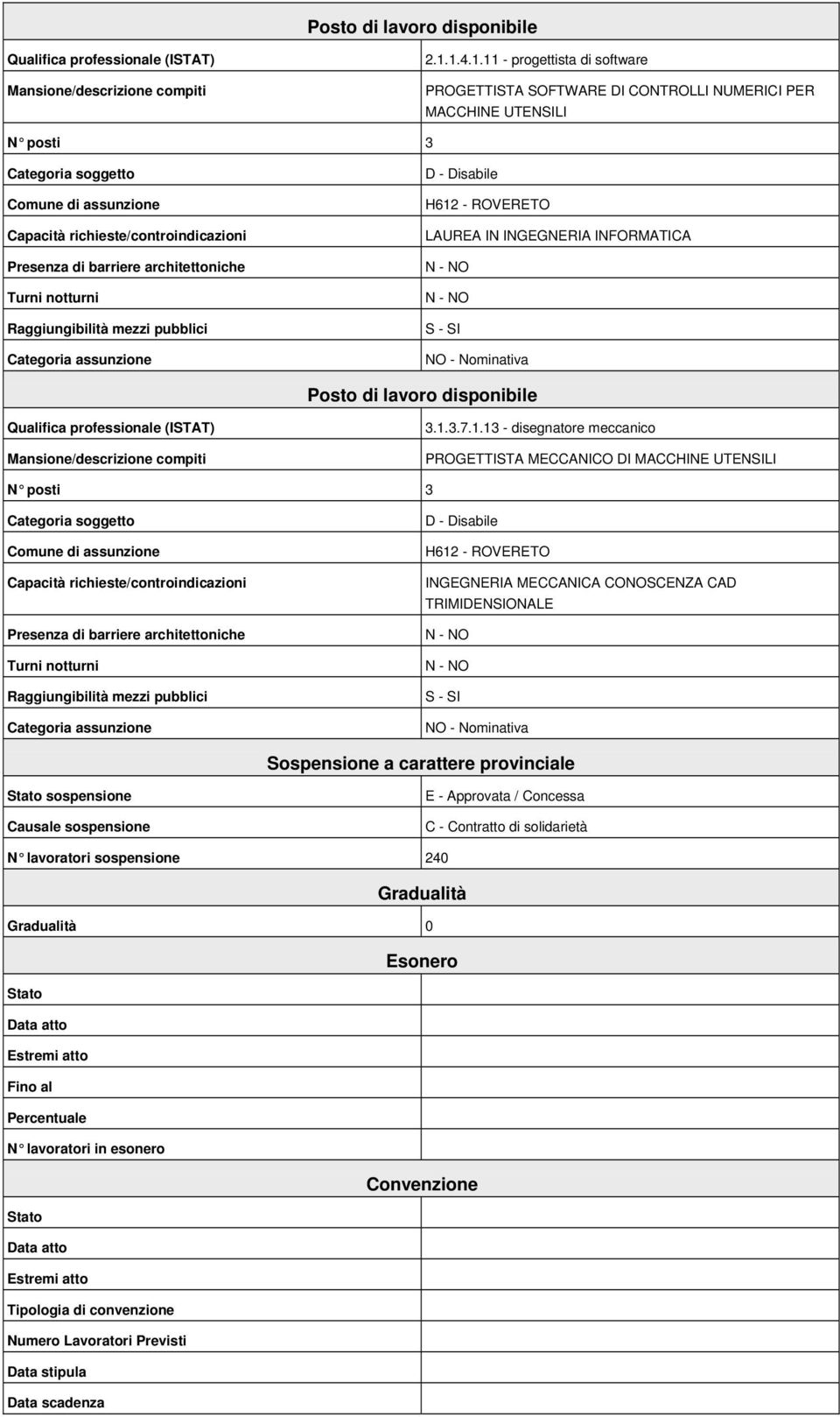 barriere architettoniche Turni notturni Raggiungibilità mezzi pubblici Categoria assunzione D - Disabile H612 - RVERET LAUREA IN INGEGNERIA INRMATICA N - N N - N S - SI N - Nominativa Posto di lavoro